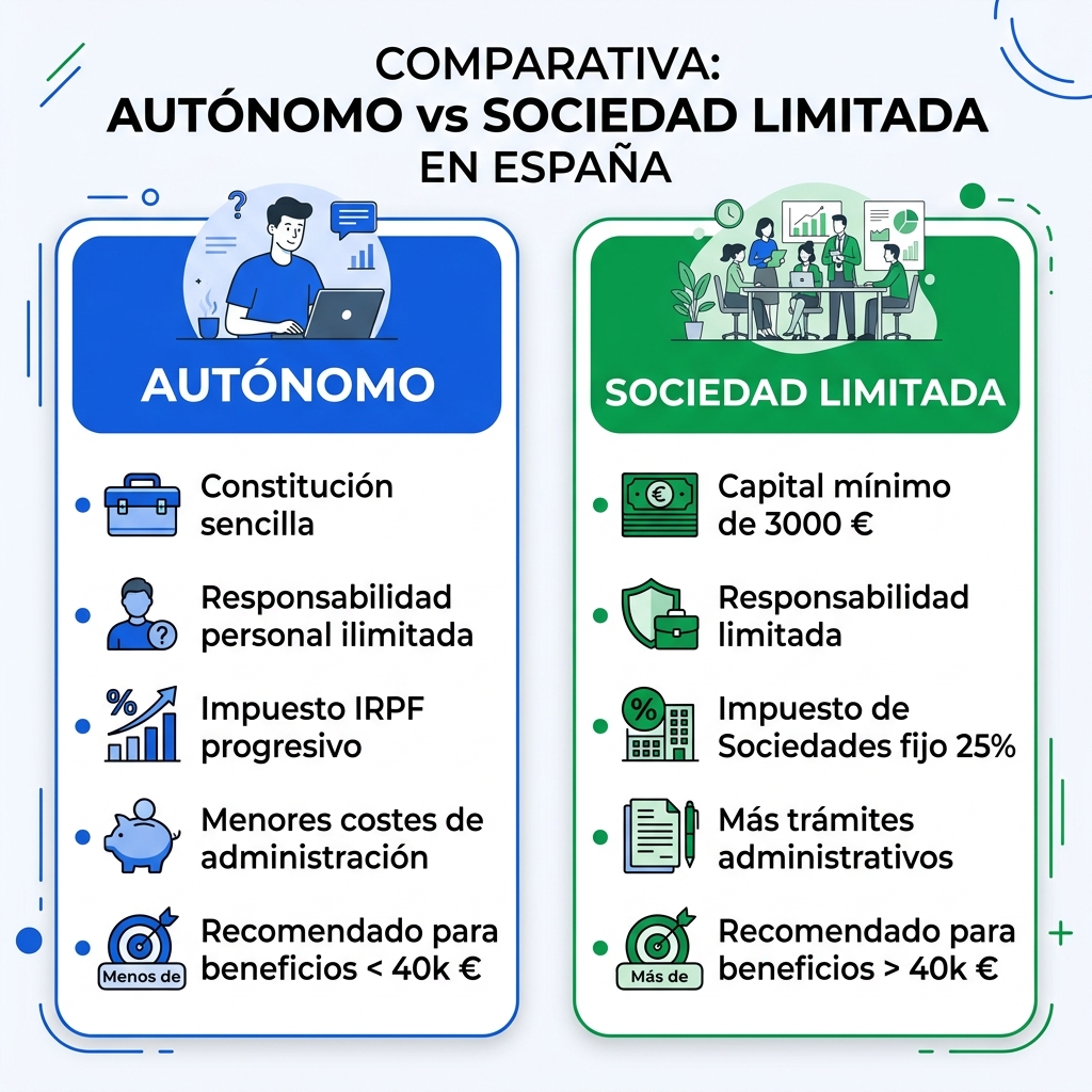Infografía comparativa Autónomo vs Sociedad Limitada en España 2026