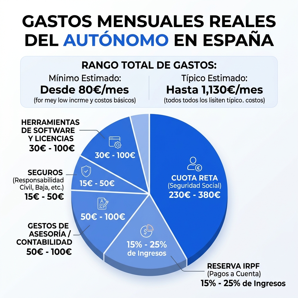 Infografía de costes reales mensuales de ser autónomo en España 2026