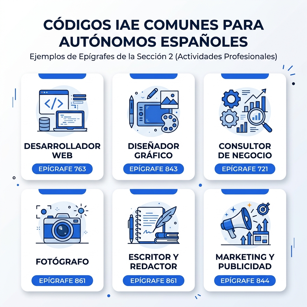 Infografía con los epígrafes IAE más usados por autónomos en España