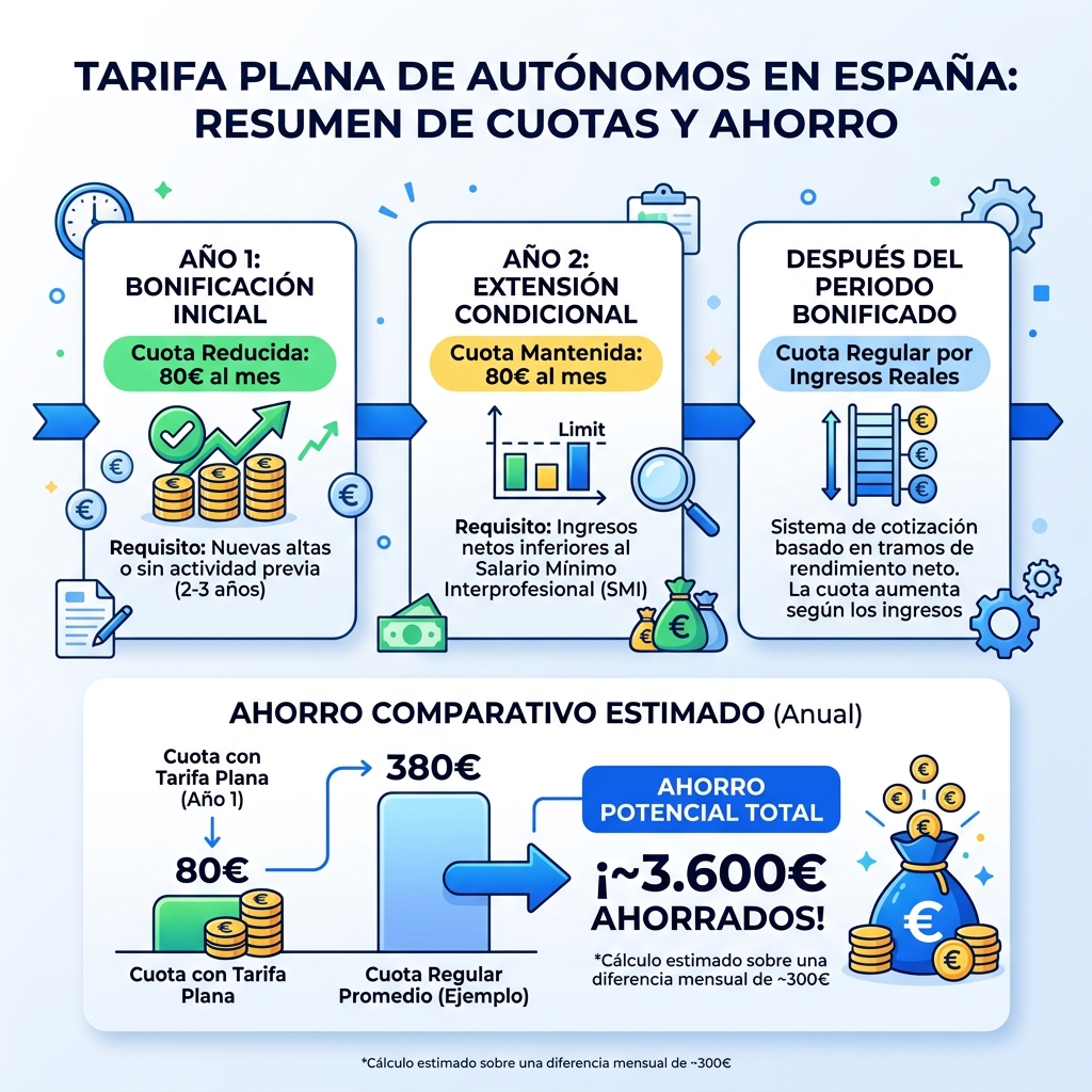 Infografía sobre la tarifa plana de autónomos en España 2026: 80€/mes el primer año